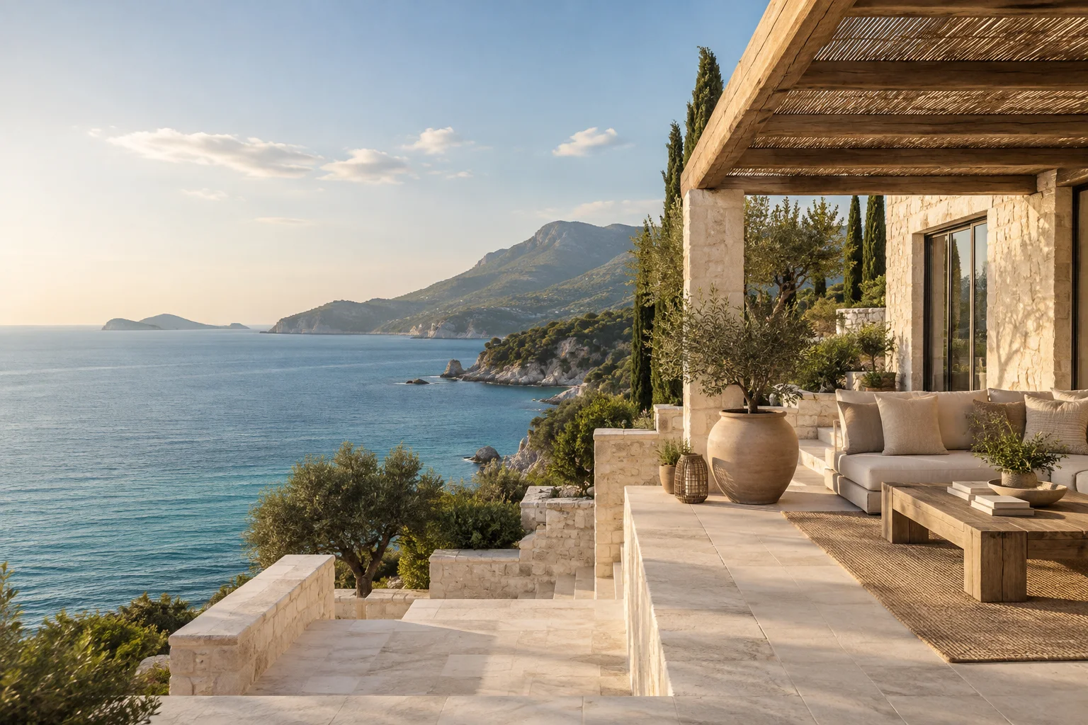 A Mediterranean terrace opening onto the sea, illustrative image